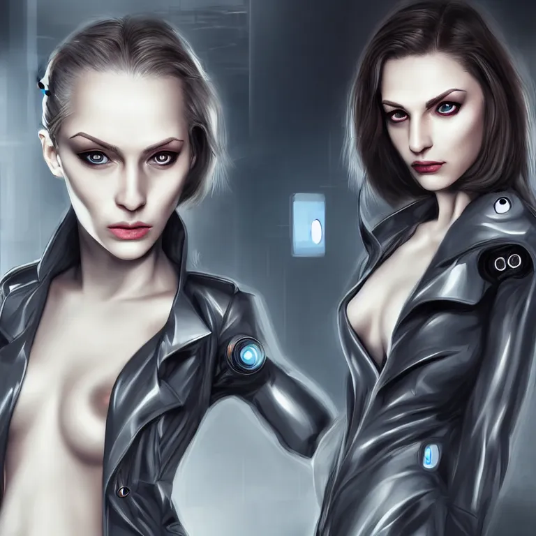 Image similar to photorealistic portrait of a beautiful half cyborg woman with a mischievous look, the half cyborg woman is wearing a long trench coat, in an underground parking garage, in the style of Artgerm and NeoArtCorE