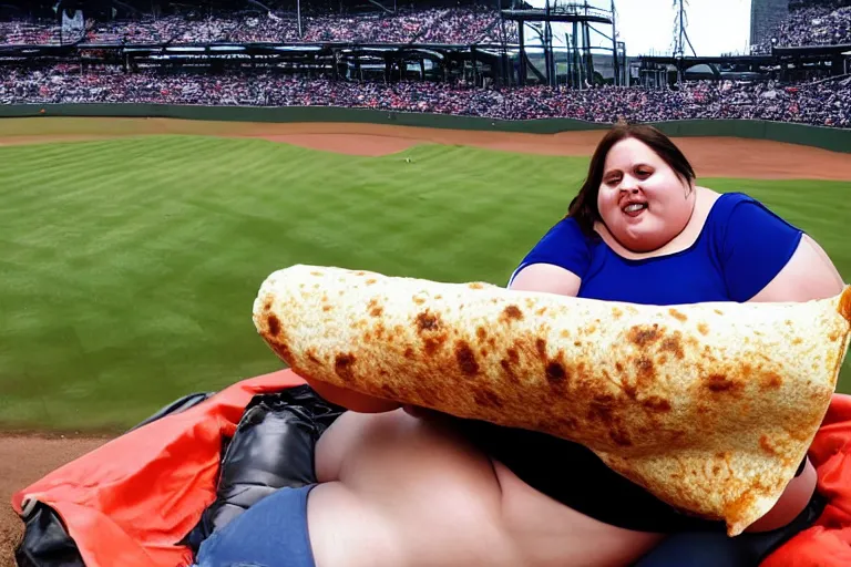 Image similar to obese woman eating a giant burrito sitting at a baseball game, photograph,