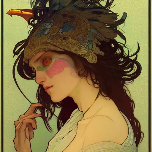 Prompt: Portrait of anthropomorphic Pigeon. Beautiful digital art by Greg Rutkowski and Alphonse Mucha. pigeon head