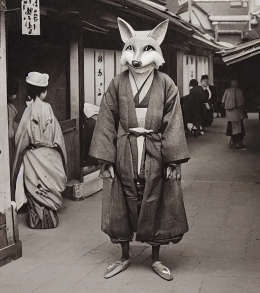 Prompt: 1 8 th century japanese street market in kyoto 1 9 0 0 s early photography historical photo portrait anthro anthropomorphic fox head animal person fursona wearing clothes street trader