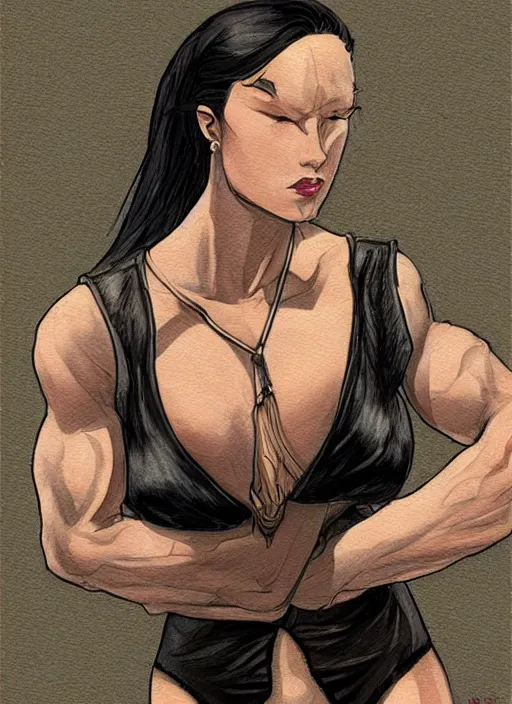 Image similar to a black haired woman in a tank top, muscular upper body, abs, d & d, fantasy, intricate, elegant, highly detailed, digital painting, artstation, concept art, smooth, sharp focus, illustration, art by howard chaykin