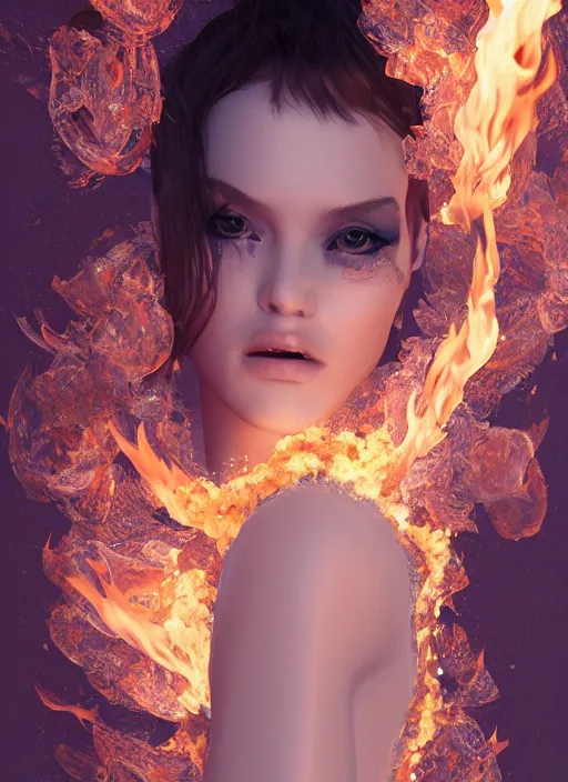 Image similar to 3d fashion portrait with fire, female, future, torch, flame, harper's bazaar, vogue, fashion magazine, intricate, concept art, close up, ornate, luxury, elite, elegant, trending on artstation, by ruan jia, by Kenneth Willardt, by ross tran, by WLOP, by Andrei Riabovitchev,