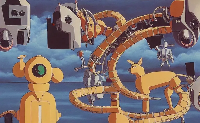 Image similar to beautiful painting from the anime film by studio ghibli, floppy eared dog devouring a robot, happy, MC Escher inspired by Salvador Dali-H 1024