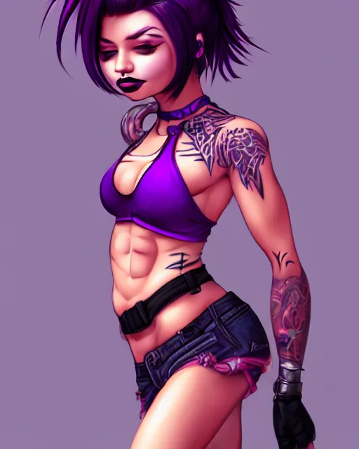 Prompt: cute female punk, perfect face, black halter top, purple hair, abs, cinematic, blush, stunning, athletic, strong, agile, highly detailed, smooth, hard focus, digital art, illustration, artstation