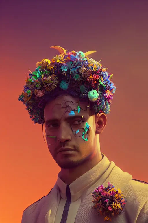 Prompt: a man with a flower crown on his head, cyberpunk art by filip hodas, mike winkelmann, cgsociety, afrofuturism, retrofuturism, made of flowers, octane render, rendered in cinema 4 d