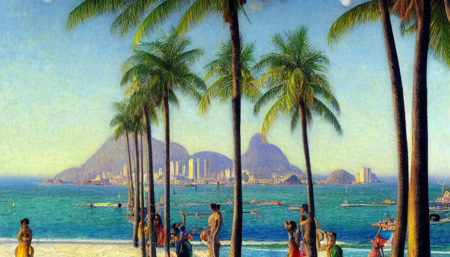 Prompt: a ultradetailed beautiful painting of the luxurious beautiful utopian futuristic rio de janeiro designed by jules bastien - lepage, tarsila do amaral, frank weston and gustave baumann, beach, trending on artstation, mediterranean, palm trees, sharp focus, colorful refracted sparkles and lines, soft light, 8 k 4 k