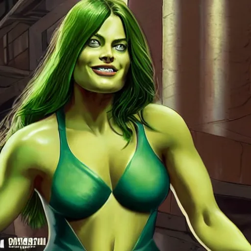 Prompt: Margot Robbie as She Hulk, realistic, detailed photo