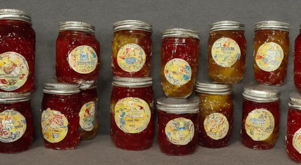 Prompt: a set of jam jars containing tiny nuclear explosions