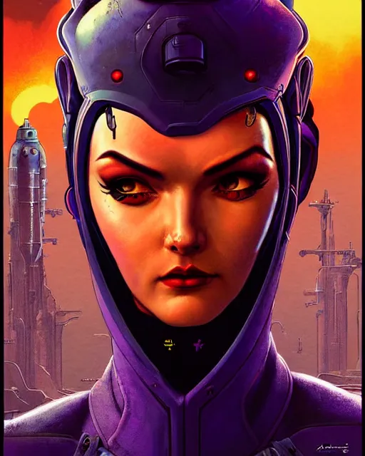 Image similar to widowmaker from overwatch, character portrait, portrait, close up, concept art, intricate details, highly detailed, vintage sci - fi poster, retro future, in the style of chris foss, rodger dean, moebius, michael whelan, and gustave dore