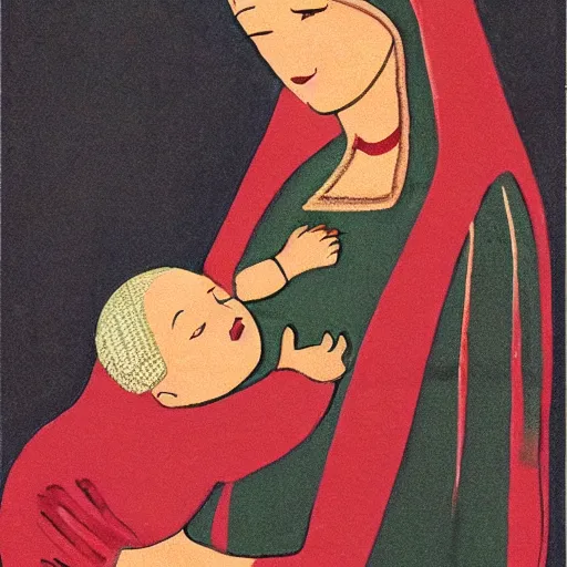 Image similar to midcentury modern illustration of 80 year old sentimental Mediterranean skinned woman in ancient Canaanite clothing holding a newborn baby, crying, awe, love, ancient interior tent background