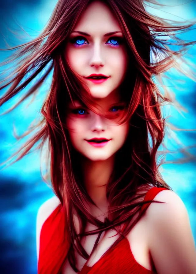 Image similar to epic digital photo portrait of stunning brunette woman, perfect face, blue eyes, smiling, red sapphire dress, hdr, 4 k, wlop, pixiv, gorgeous, much wow, cinematic