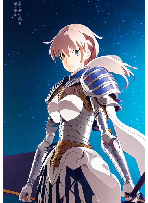 Image similar to key anime visual portrait of a woman knight in ceremonial armor, dynamic pose, cinematic, film grain, designed by yoh yoshinari, detailed, intricate, at night