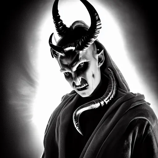 Image similar to photorealistic, iso - 4 0 0, canon eos 5 d mark iv, shot on 7 0 mm, portrait of male archangel bellringer form lexx by lee jeffries and platon colloidal silver skin makeup, flames halo ring over head, demonic, horns, fangs, nd 4, perfect studio lighting