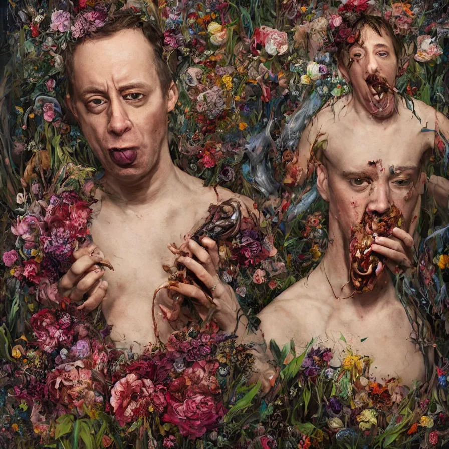 Image similar to male portrait of anorexic john zorn todd solondz eating rotten flesh and puking blood wearing a thong, surrounded by flowers by karol bak, james jean, tom bagshaw, rococo, trending on artstation, cinematic lighting, hyper realism, octane render, 8 k, hyper detailed.