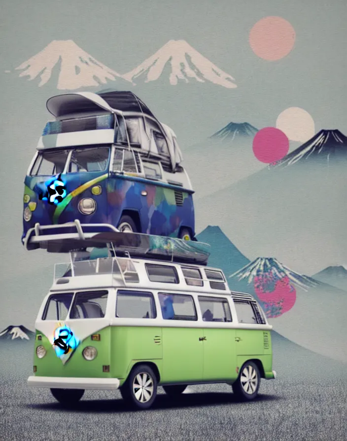Prompt: front view vw camper touring rural japan, a collage painting, in the style of wes anderson, lola dupre, david hockney, isolated on negative white space background dark monochrome fluorescent spraypaint accents volumetric octane render, not double decker