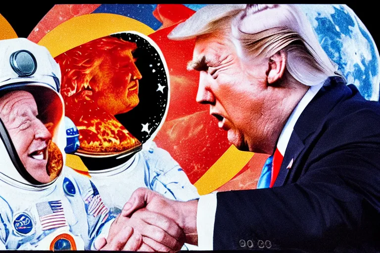 Prompt: pizza cinematic portrait donald trump shaking hands with joe biden on the moon, award winning