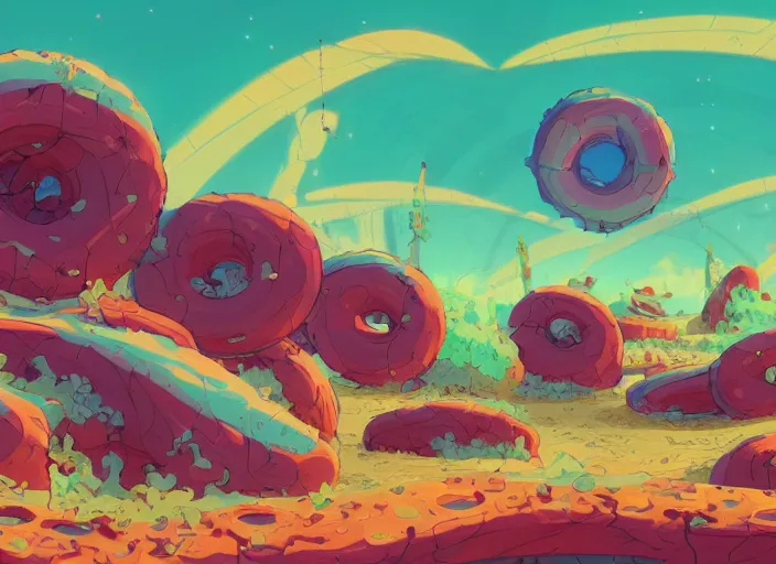 Image similar to concept art of a donut landscape made of donuts, cel shaded, in the style of makoto shinkai and moebius and peter mohrbacher and anton fadeev