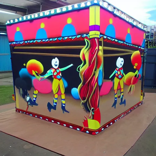 Image similar to dancing laughing clowns, fairground airbrush art on fairground equipment