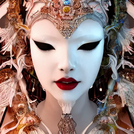 Prompt: highly detailed digital painting of a beautiful goddess by wlop, bright light emerging from her eyes, wearing venetian woman mask, sculpted in white opalescent marble, with lots of thin ornaments, disolving with a luminous background, curves and chaotic fractal art inlays, intricate, 8 k, white box, cinematic light, high aperture, background atmospheric effects