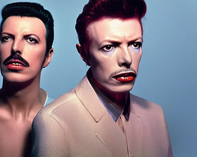 Prompt: Freddy mercury and david bowie starring at the camera, neutral face, 4k, pastel colours, by beeple, album cover, accurate