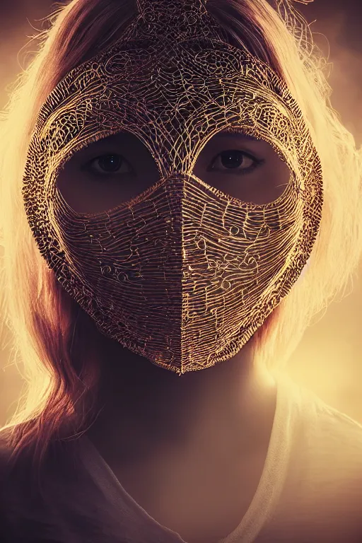 Prompt: wide angle portrait of a woman wearing a mask over her mouth made out of golden intricate wire, weaving the strings of the multiverse, dramatic, moody, backlight, photoreal, intricate complexity, manga styling, octane render