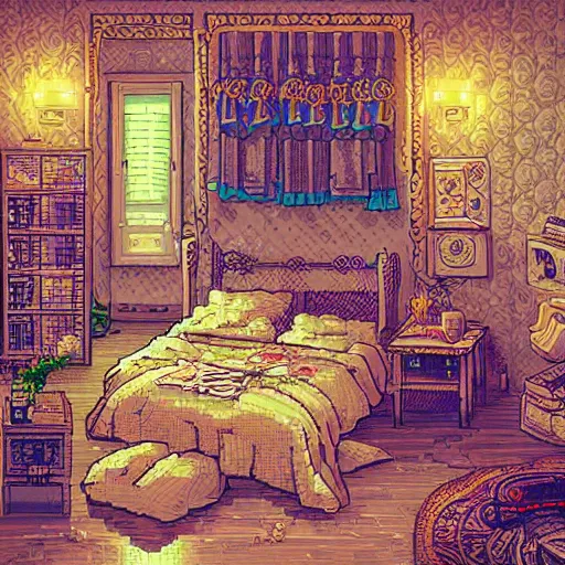 Image similar to 9 0 s bedroom, beautiful detailed pixel art, intricate details, beautiful, dithered gradients, volumetric lighting, cgsociety, artstation, smooth, sharp focus, 2 d illustration, old school computer game graphics, crpg, d & d, pixel art