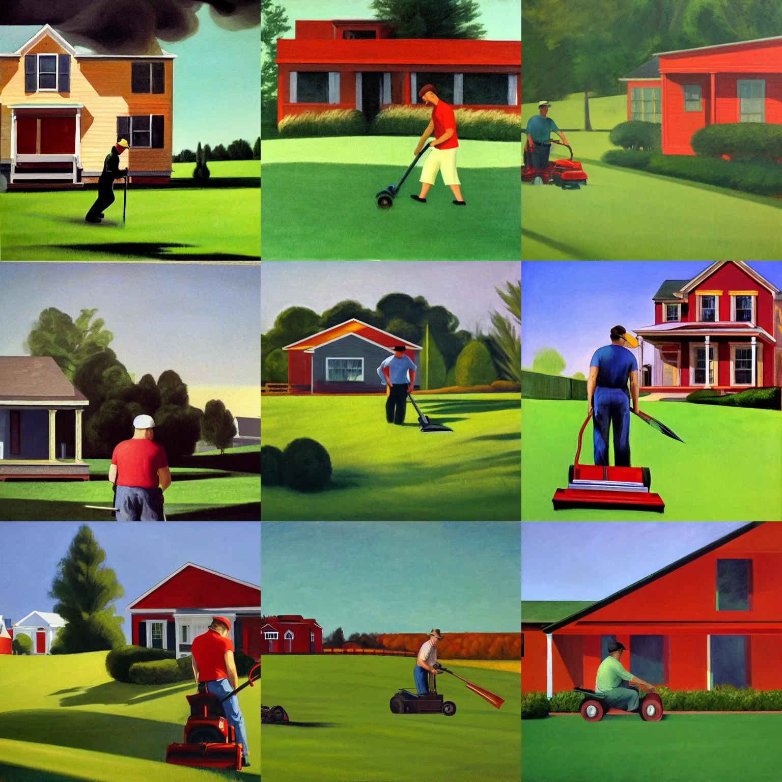 Prompt: Man mowing the yard with a large tornado in the background, in the style of Edward Hopper