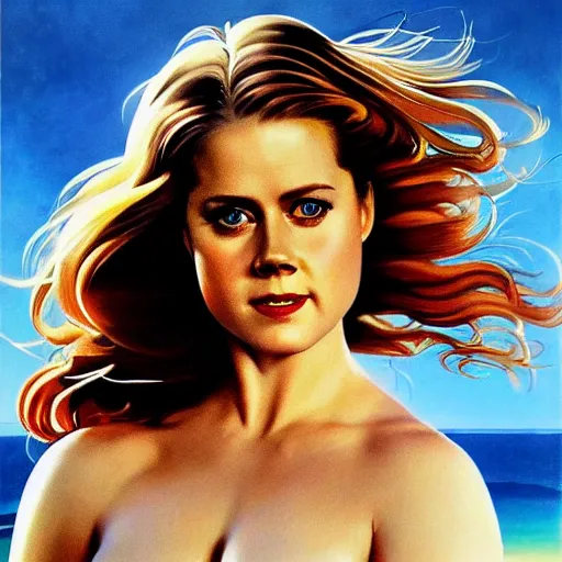 Image similar to ultra realistic portrait painting of amy adams in a santorini, art by frank frazetta, 4 k, ultra realistic, highly detailed, epic lighting