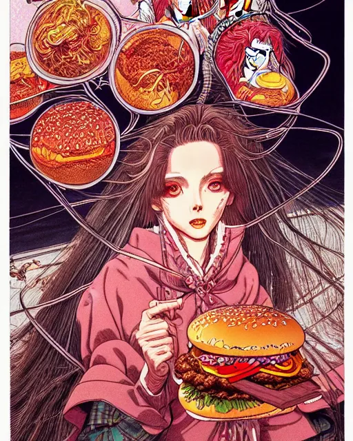 Image similar to hyper detailed illustration of a witch with a hamburger, intricate linework, lighting poster by moebius, ayami kojima, 9 0's anime, retro fantasy