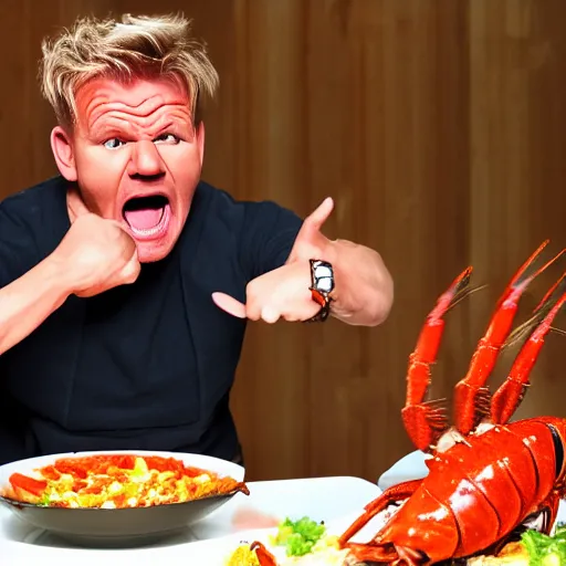 Prompt: Gordon Ramsay screaming at a crayfish, photo, 4k