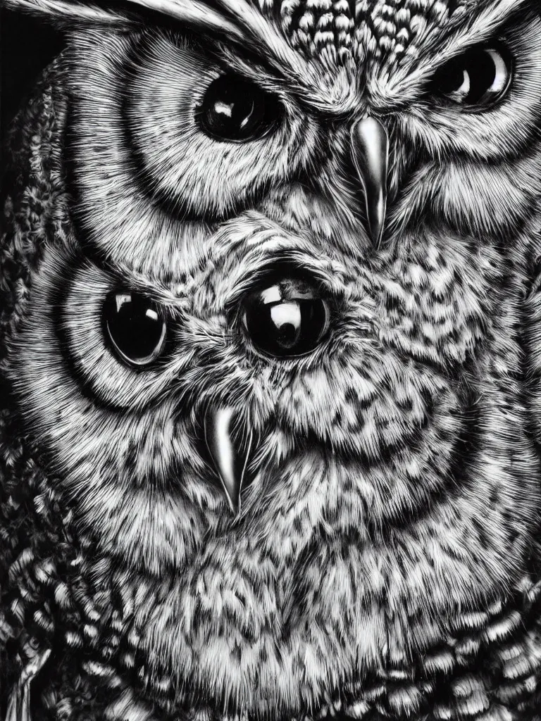 Image similar to hyperrealist highly detailed cinematic lighting studio portrait of a great horned owl, high contrast wood engraving, kentaro miura and junji ito manga style, shocking detail trending on artstation 8 k