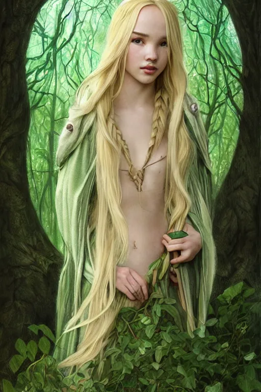 Prompt: mystical cottagecore mage blonde braided hair dove cameron the forest, heavy cloak, green leather accents, cloth jerkin, green plants, fantasy character portrait, ultra realistic, intricate, elegant, highly detailed, digital painting, artstaion, smooth, sharp, focus, illustration, art by artgerm and greg rutkowski and alphonse mucha