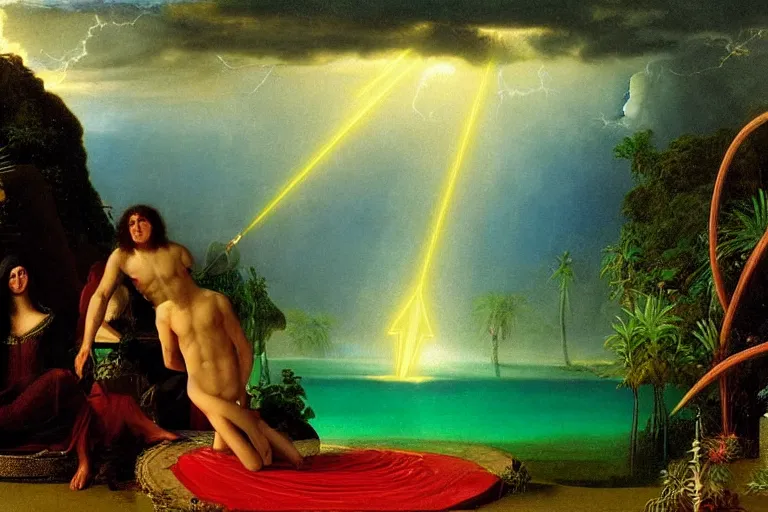 Image similar to The chalice of the occult, refracted sparkles, thunderstorm, greek pool, beach and Tropical vegetation on the background major arcana sky and occult symbols, by paul delaroche, hyperrealistic 4k uhd, award-winning, very detailed paradise