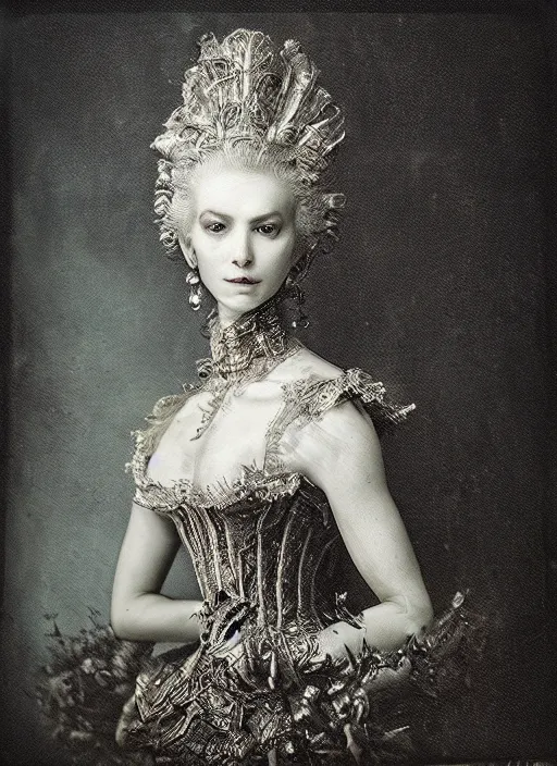 Image similar to old wetplate daguerreotype frame portrait of a futuristic silver armored marie antoinette cyborg, fractal, intricate, elegant, highly detailed, subsurface scattering, by jheronimus bosch and greg rutkowski and louis jacques mande daguerre