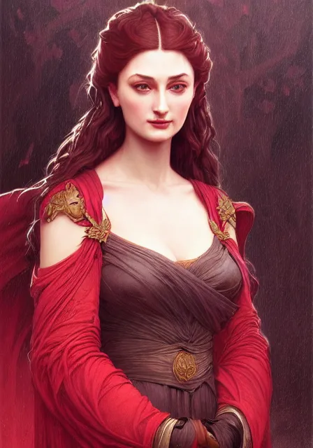 Image similar to portrait of sansa dark crimson, intricate, elegant, highly detailed, digital painting, artstation, concept art, smooth, sharp focus, illustration, art by artgerm and greg rutkowski and alphonse mucha and william - adolphe bouguereau