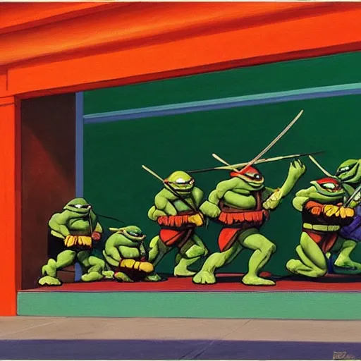 Image similar to teenage mutant ninja turtles inside of a blockbuster painted by edward hopper