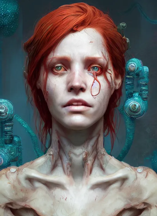 Prompt: biopunk lovecraft portrait of redhead, au naturel, hyper detailed, digital art, trending in artstation, cinematic lighting, studio quality, smooth render, unreal engine 5 rendered, octane rendered, art style by klimt and nixeu and ian sprigger and wlop and krenz cushart.