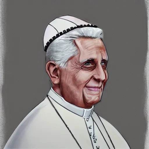 Prompt: portrait of pope benedict xvi wearing tiara on the top of his head in the style of sketched crayon