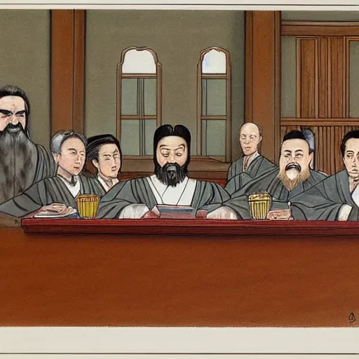 Prompt: Confucius in the american courtroom sketch by John M. Downs