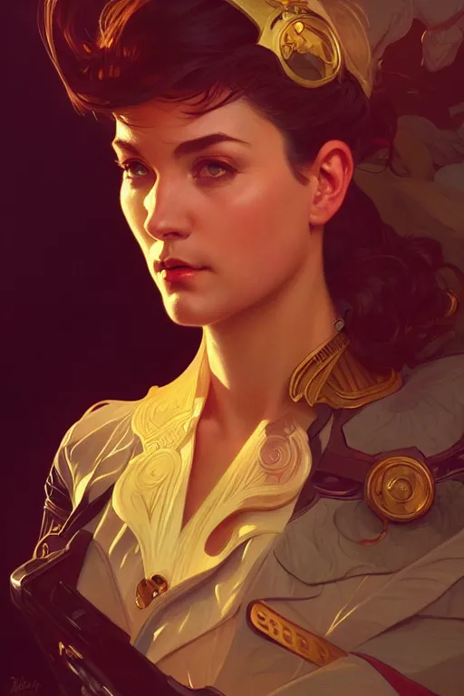 Prompt: a portrait of captain carter, fantasy, sharp focus, intricate, elegant, digital painting, artstation, matte, highly detailed, concept art, illustration, ambient lighting, art by ilya kuvshinov, artgerm, alphonse mucha, and greg rutkowski