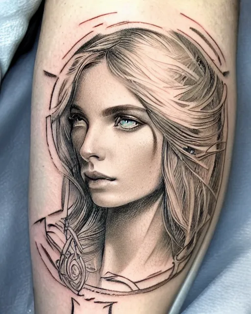 Image similar to tattoo sketch of beautiful greek goddess aphrodite, bow and arrow, beautiful piercing eyes, flowing blonde hair, realistic face, hyper realistic, in the style of greg rutkowski, fantasy, amazing detail, epic, intricate, elegant, smooth, sharp focus
