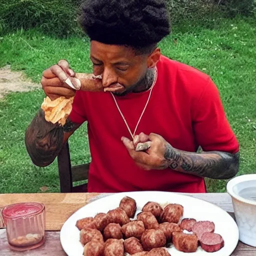 Image similar to “ 2 1 savage eating sausage, award winning pork, actual photo from 1 0 5 6 ad ”