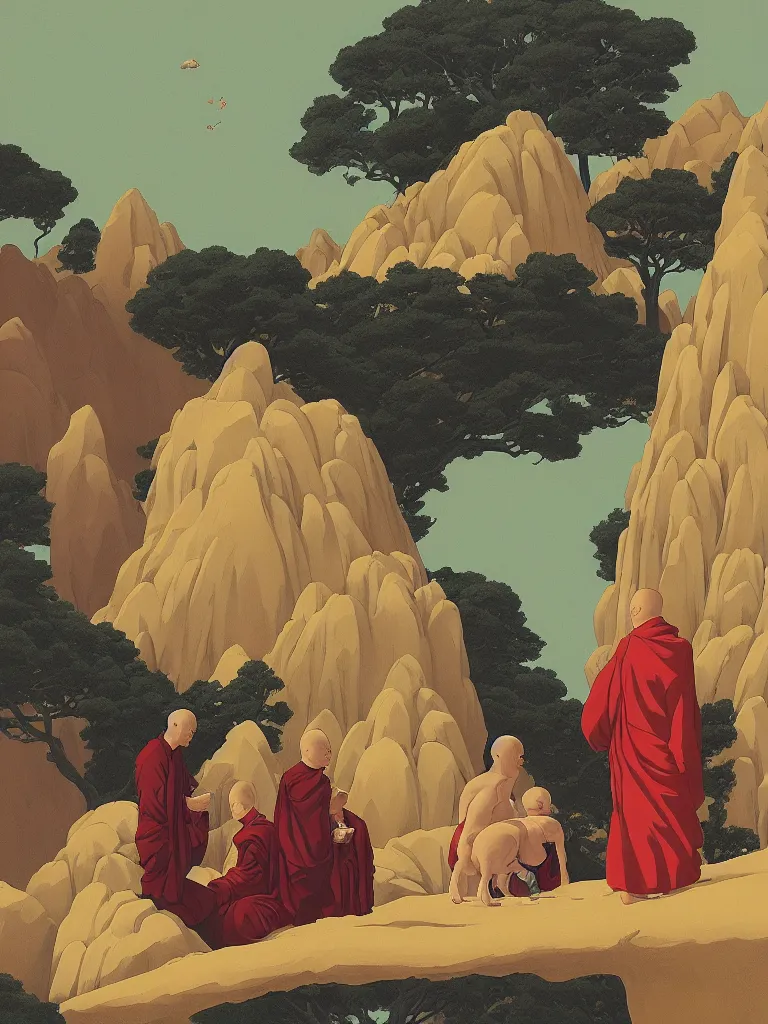 Prompt: weird strange albino monks vampires holding sphynx cats in a strange eerie mountain landscape, by kawase hasui, moebius, edward hopper, colorful flat surreal design, dramatic lighting, hd, 8 k, artstation