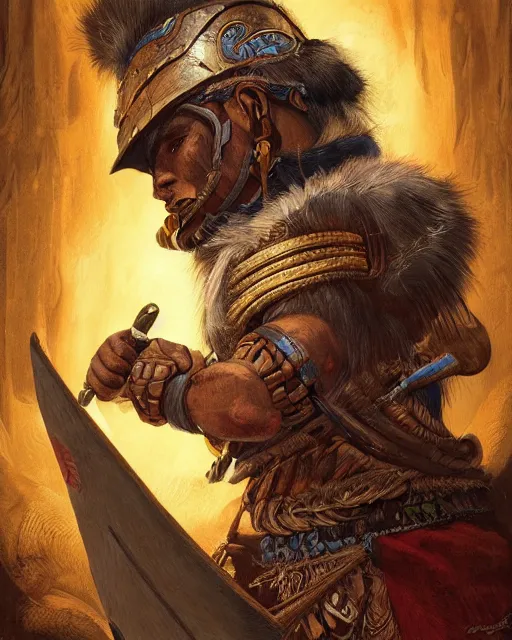 Prompt: digital painting of an incan warrior, art by filipe pagliuso and justin gerard, symmetric, fantasy, highly detailed, realistic, intricate, portrait, sharp focus, tarot card
