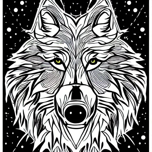 Prompt: full-body sideways wolf template base, digital line-art, simple, coloring book style, black and white, high quality, HD, 8K