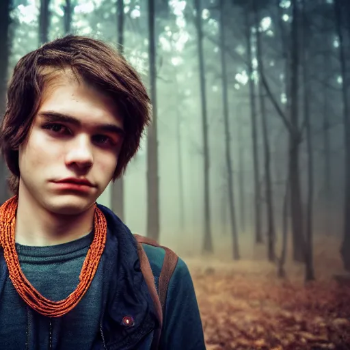 Prompt: macro face shot, teenager around 2 1 years, walking in foggy forest, detailed face, loincloth, necklace, sad, lonely.