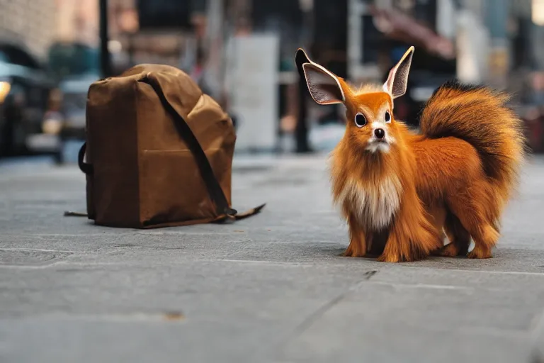 Prompt: closeup potrait of Eevee on a new york sidewalk, natural light, sharp, detailed face, magazine, press, photo, Steve McCurry, David Lazar, Canon, Nikon, focus