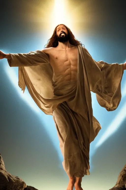 Image similar to jesus christ strikes a dramatic dance pose during the apocalypse, intricate, hyper detailed, accent lighting, dramatic light, 4 k octane render