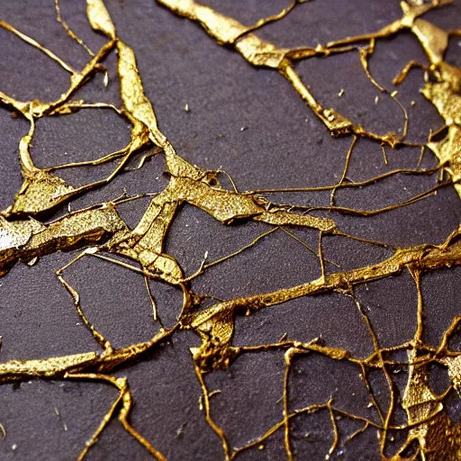 Prompt: photo of kintsugi, beautiful, gold, wabi sabi, high detail,