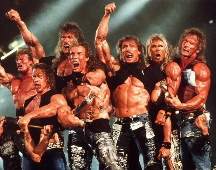 Prompt: colour photo off arnold schwarzenegger, sylvester stallone, dolph lundgren, Chuck Norris and Jean-Claude Van Damme in a heavy metal band, playing guitars, drums, on stage at monsters of rock 1985, pyrotechnics, vivid colors, daylight, photo real, Eastman EXR 50D 5245/7245, close-up action first-person perspective